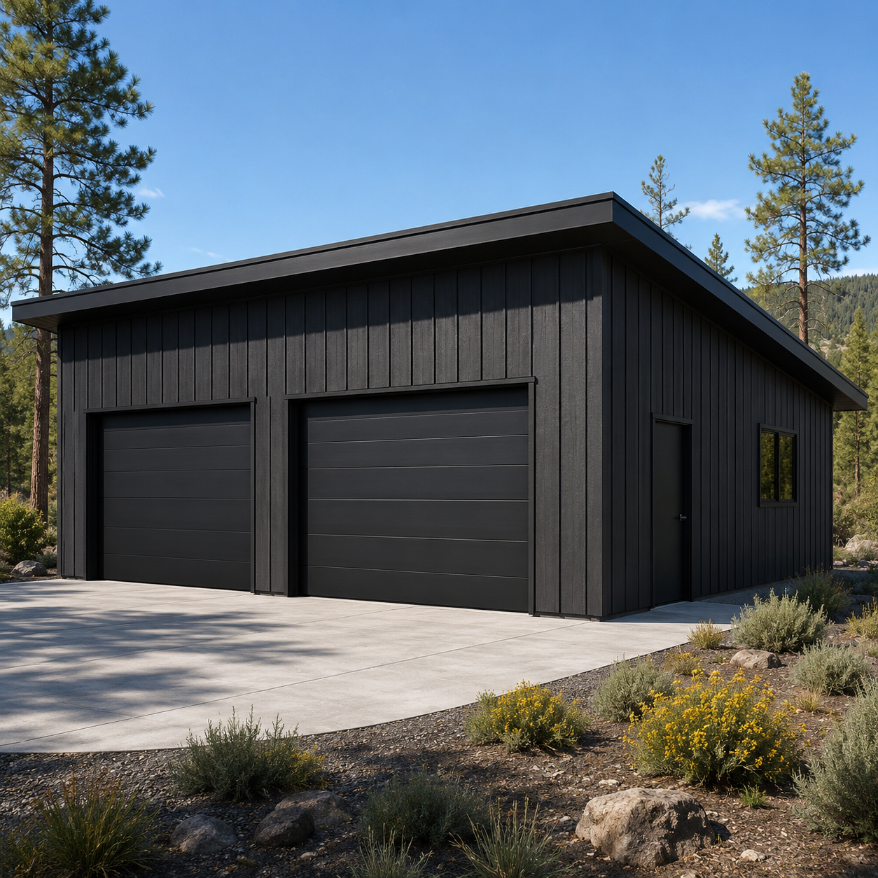 Modern charcoal two-car detached garage in Central Oregon